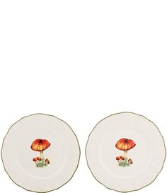 two plates with flowers painted on them sitting side by side in front of a white background