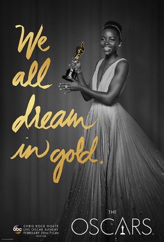 an advertisement for the oscars with a woman in a white dress holding an award