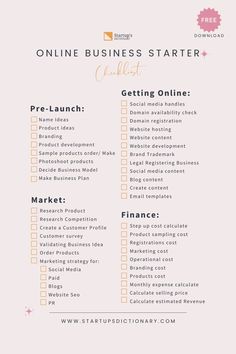 FREE Online Business Starter Checklist download Small Business Marketing Plan, Business Plan Outline, Starting Small Business, Start Online Business, Small Business Organization, Small Business Plan