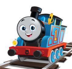 a cartoon train with a happy face on the front and side, riding on tracks