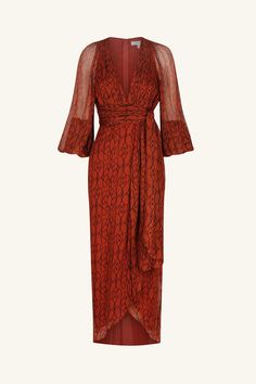 Fall Cocktail Dress With Elastic Sleeves, Silk Midi Dress With Sheer Sleeves For Party, Long Sleeve Midi Dress With Draped Sleeves For Party, Cocktail V-neck Dress With Elastic Sleeves, Festive Chic V-neck Midi Dress, Sheer Silk V-neck Dress, Evening Midi Dress With Sheer Sleeves And V-neck, Sheer Sleeves Maxi Dress For Date Night, Midi Dress With Elastic Long Sleeves For Night Out