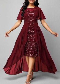 ROTITA Sequin Wine Red High Low Bodycon Dress Long Sequin Dress, Stitching Dresses, Red Bodycon, Plus Size Party Dresses, Red Bodycon Dress, Womens Prom Dresses, Sequin Bodycon Dress, Round Neck Dresses, African Dresses