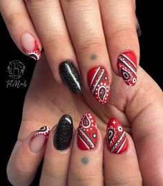 Bandana Nail Designs, Western Red Nails, Red Bandana Nails, Red Western Nails, Bandana Nail Art, Bandana Nails, Idol Nails, Cowboy Nails