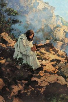 a painting of jesus sitting on top of a mountain