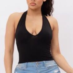 Crop Top Halter Neck Deep V Neck Good Stretch T Back Line Trendy Black V-neck Halter Top, Casual V-neck Halter Top For Party, Black Stretch Halter Top With V-neck, Black Stretch V-neck Halter Top, Casual Black V-neck Halter Top, White Peplum Tops, Black Shrug, Boxy Crop Top, Boho Crop Tops