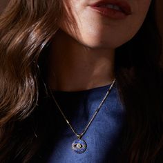 Go about your day with confidence when you’re wearing the protection of the evil eye. This powerful charm is set on a genuine Sodalite stone pendant with a crystal-centered evil eye symbol. Crafted with an adjustable bar chain necklace, this piece is perfect for layering. Bar chain length: 18", adjusts to 16" Finishes: Shiny Gold Nickel-free Adorned with a Clear crystal & genuine Sodalite gemstones; colors may vary due to natural makeup of the gemstones Evil Eye Amulet Jewelry For Healing, Healing Amulet Jewelry With Evil Eye, Healing Evil Eye Amulet Jewelry, Blue Evil Eye Jewelry For Meditation, Evil Eye Pendant Charm Necklace For Everyday, Evil Eye Pendant Charm Necklace, Everyday Evil Eye Pendant Charm Necklace, Everyday Evil Eye Pendant Necklace, Everyday Evil Eye Charm Necklace