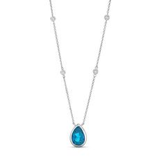 This Pear Shape Blue Topaz Necklace is a stunning shade of blue, complemented by brilliant round diamonds set in bezels evenly spaced along a delicate 14K white gold chain. Diamonds Direct, White Gold Chain, Round Diamond Setting, Blue Topaz Necklace, Topaz Necklace, Pear Shape, Pear Shaped, Shades Of Blue, Blue Topaz