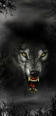 a wolf with its mouth open and glowing yellow eyes