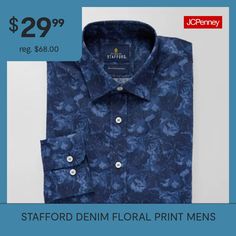 Featuring a floral pattern, this Stafford men's button-down shirt effortlessly elevates your office or going out look. Cut in a regular-fit, it's made from stretch-cotton denim with a point collar, long sleeves, and button cuffs. Wear it with tailored pants and oxford shoes.Closure Type: ButtonFit: Regular FitPockets: 1 Chest Slip PocketSleeve Length: Long SleeveFiber Content: 96% Cotton, 4% SpandexFabric Description: PoplinCollar: Point CollarCare: Machine Wash, Tumble DryOwned & Founded: Wome… Formal Cotton Shirt With Floral Print, Formal Button-up Shirt With Floral Print, Slim Fit Floral Print Button-up Shirt, Formal Floral Print Button-up Shirt, Spring Workwear Shirt With Floral Print, Spring Floral Print Shirt For Workwear, Floral Print Workwear Shirt For Spring, Floral Print Spring Workwear Shirt, Spring Floral Print Workwear Shirt