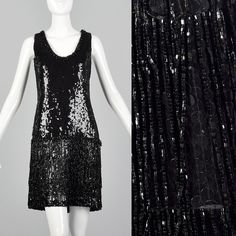 "This listing is for one dress. Textile is a mid weight unmarked fabric with silky satin feel. Sleeveless dress features shift dress silhouette, scoop neck, heavily sequined bodice, sequined skirt with layers of flapper style beaded fringe. Such a fabulous dress! Bead/Sequin Disclosure- There may be loose or missing beads or sequins that are not noted. This is typical of beaded & sequined garments and to be expected. Condition Details: Very Good Condition. There are a couple of missing beads Little Black Dress Cocktail, Black Dress Cocktail, Sequined Skirt, Fabulous Dress, Flapper Style, 80s Dress, Black Sequin Dress, Dress Cocktail, Fabulous Dresses