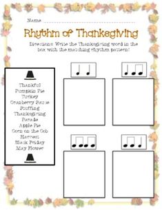 a thanksgiving themed writing activity with pumpkins and music notes on the front, in white