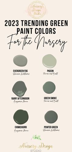 some green paint colors for the nursery, including dark green and light green with white lettering