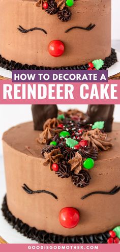 a cake with chocolate frosting and candy decorations on top is shown in three different photos