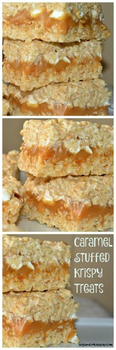 three different views of food stacked on top of each other with the words caramel stuffed krispy treats