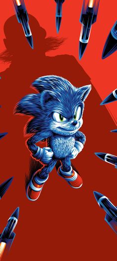 an image of sonic the hedgehog in space surrounded by rockets and rockets on red background