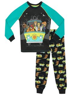 Boys Pajama Pants, The Mystery Machine, Mystery Machine, Teal Top, Kids Clothes Boys, Boys Pajamas, Boys Long Sleeve, Black Bottoms, New Movies