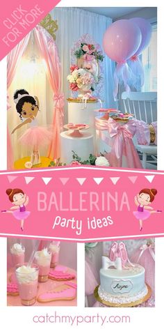 a pink ballerina party with balloons, cake and decorations