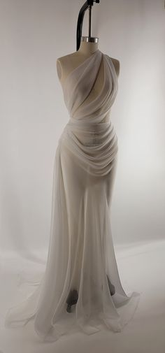 PRE-ORDER Handmade Draped off White Chiffon Sheer Mesh Wedding Reception Gown Dress Bridal - Etsy Couture Chiffon Dress, Flamboyant Wedding Dress, Angelic Dress Goddesses, White Couture Fashion, Pearl Lace Wedding Dress, Pre-draped Organza Evening Dress For Wedding, Wedding Evening Dress With Draped Sweep Train, Draped Evening Dress With Sweep Train For Wedding, Pre-draped Organza Evening Dress