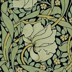 an intricately designed wallpaper with white flowers and green leaves in the center, on a black background