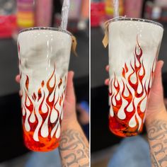 two shots of a person holding a glass with flames on it