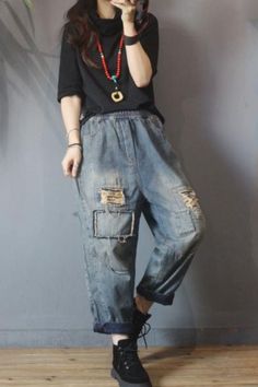 #jeans #denim #momjeans #rippedjeans Casual Denim Blue Patchwork Jeans, Casual Denim Blue Jeans With Patchwork, Casual Patchwork Denim Jeans, Casual Patched Jeans For Fall, Casual Jeans With Patches For Fall, Casual Relaxed Fit Patchwork Jeans, Trendy Relaxed Fit Patchwork Jeans, Casual Denim Blue Bottoms With Patches, Casual Denim Jeans With Patches