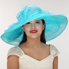 "Description: Fabrication: 100% Polyester Size: One size for teens and ladies (Head measurement: 55 cm, 21-5/8\", Size 6-7/8 to 57cm, 22-3/8\", Size 7-1/8) w/ Adjustable interior tie band Brim: 7\" Height: 4-1/4\" Floral arrangement: 11-1/2\" x 18\" Occasion: Perfect for a fancy formal event, a ladies luncheon, a tea party, Kentucky Derby, Grand National, Melbourne Cup, weddings, church or religious gatherings. Bridal, brides maid, maid of honor. Perfect for vacation and cruise attire. Great for Fitted Blue Brimmed Sun Hat, Blue Fitted Fascinator For Beach, Light Blue Summer Hats For Races, Light Blue Summer Hat For Races, Blue Fitted Wide Brim Straw Hat, Light Blue Hat For Royal Ascot Races, Blue Summer Wedding Costume Hats And Headpieces, Fitted Light Blue Hat For Summer, Light Blue Mini Hats For Summer Party