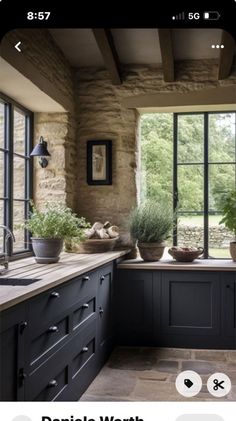 an iphone photo of a kitchen with black cabinets and potted plants on the counter