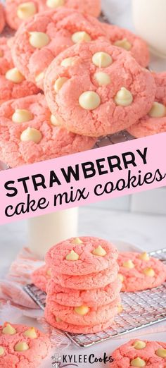 strawberry cake mix cookies are stacked on top of each other with white chocolate chips in the middle