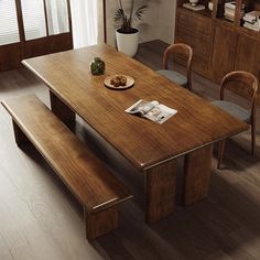 a wooden table with two benches in front of it