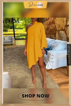 Elegant Office Dress Vonda Women Party Dress Casual Solid Stylish Mini Dresses Beach Sundress Femme Robe Chic Long Sleeve Beach Dress For Party, Party Dresses For Beach Season In Mini Length, Beach Season Party Dresses In Mini Length, Party Mini Dresses For Beach Season, Long Sleeve Beach Dress For Party, Spring Party Long Sleeve Beach Dress, Long Sleeve Mini Dress For Party, Summer Long Sleeve Mini Dress For Party, Yellow One-shoulder Mini Dress