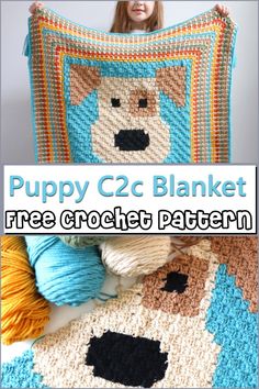 a crocheted pillow with a dog on it and the text puppy c2 blanket free crochet pattern