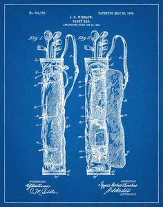 a blueprinted drawing of two golf clubs and driver's head in the shape of a bag