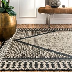 a black and white area rug in front of a chair with a plant on it