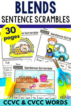 blends sentence scrambles with scissors and pencils on the table next to them