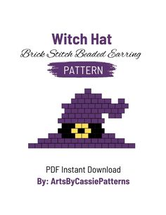 the witch hat pattern is shown in purple and yellow, as well as text that reads,