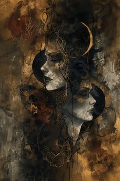 an artistic painting with two women's faces surrounded by vines