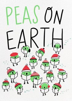 peas on earth card with green and red hats