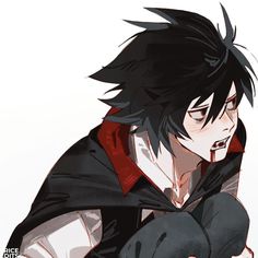 an anime character with black hair and red eyes holding his hand on his chest, looking to the side