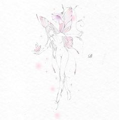 a drawing of a fairy with pink flowers on her body and wings flying in the air