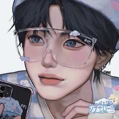 an anime character with glasses holding a cell phone in front of his face and looking at the camera