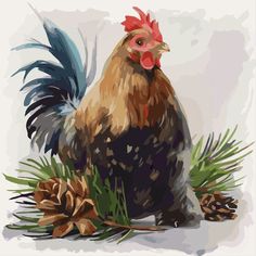 a painting of a rooster with pine cones on the ground and grass in front of it