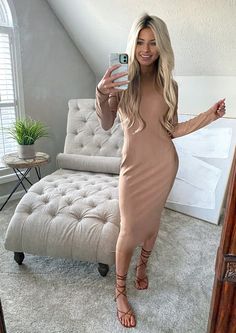 This is our "The Feeling is Neutral" ribbed midi dress and it embodies everything chic and classy ,with a bodycon fit adding a sexy touch to the look. The dress comes in a tan color, featuring a crewneck and a nice zipper in the back. Our model is 5'4, 112 pounds with a 23" waist, and she is wearing a size small. Brown Ribbed Dress For Date Night, Fall Bodycon Sheath Midi Dress, Trendy Bodycon Solid Midi Dress, Trendy Solid Color Bodycon Midi Dress, Beige Bodycon Dress For Date Night, Brown Bodycon Midi Dress For Fall, Solid Color Bodycon Sheath Midi Dress, Solid Color Bodycon Midi Sheath Dress, Beige Stretch Midi Dress