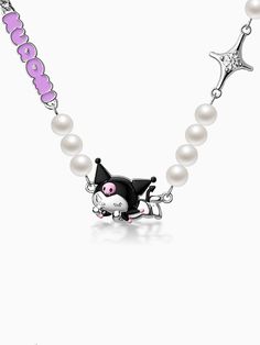 Add a touch of edgy cuteness to your outfit with this exclusive Kuromi collaboration asymmetrical necklace. Made from high-quality silver, this necklace features a unique design with beads and letters, making it a standout piece for any kawaii fashion enthusiast. Elevate your style with this statement accessory that perfectly captures the spirit of Kuromi's playful yet rebellious aesthetic.  Please note that this product includes only the necklace. Trendy Silver Letter Beads Necklace, White Letter Beads Necklace For Party, Kuromi Necklace, Rebellious Aesthetic, Letters Necklace, Asymmetrical Necklace, Steampunk Fashion Male, Tie Necklace, Steampunk Accessories