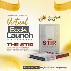 the book launch event flyer with an open door and books on it's side