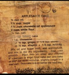 a piece of paper with instructions on how to bake an apple cake in it