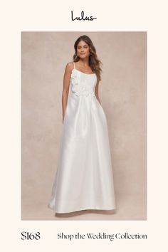 We know you've already captured your special someone's heart, but the Lulus Dreamy Forever White Taffeta Rosette Maxi Dress with Pockets is ready to seal the deal! Sleek, structured woven taffeta shapes this breathtaking bridal dress that falls from slender, adjustable spaghetti straps into a flattering scoop neckline and a corset-inspired bodice with supportive boning (and hidden no-slip strips at back). An asymmetrical line of 3D rosette details in varying sizes adorn the front of the bodice a Maxi Dress With Pockets, Taffeta Dress, The Deal, Bridal Dress, Dress With Pockets, Full Skirt, Scoop Neckline, A Line Skirts, Bridal Dresses