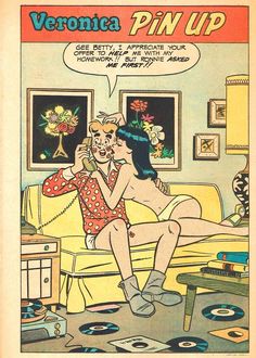 an old comic book cover with a man and woman talking on the phone in front of a yellow couch