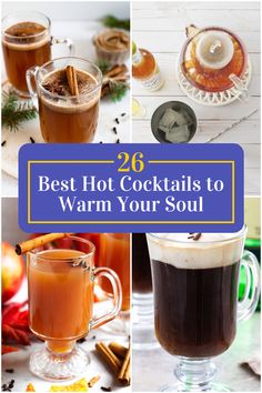 Collage of 4 hot cocktails. Warm Holiday Cocktails, Hot Cocktail Recipes, Hot Winter Cocktails, Warm Christmas Drinks, Holiday Hot Drinks, Hot Christmas Drinks, Hot Alcoholic Drinks, Hot Fall Drinks