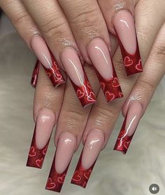 Red Nails French, Valentine Nail Design, Press On Nails Red, Red Chrome Nails, Crazy Nail Designs, Red Chrome, Valentine Nail