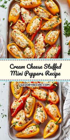 an image of cream cheese stuffed mini peppers in a baking pan with the title above it